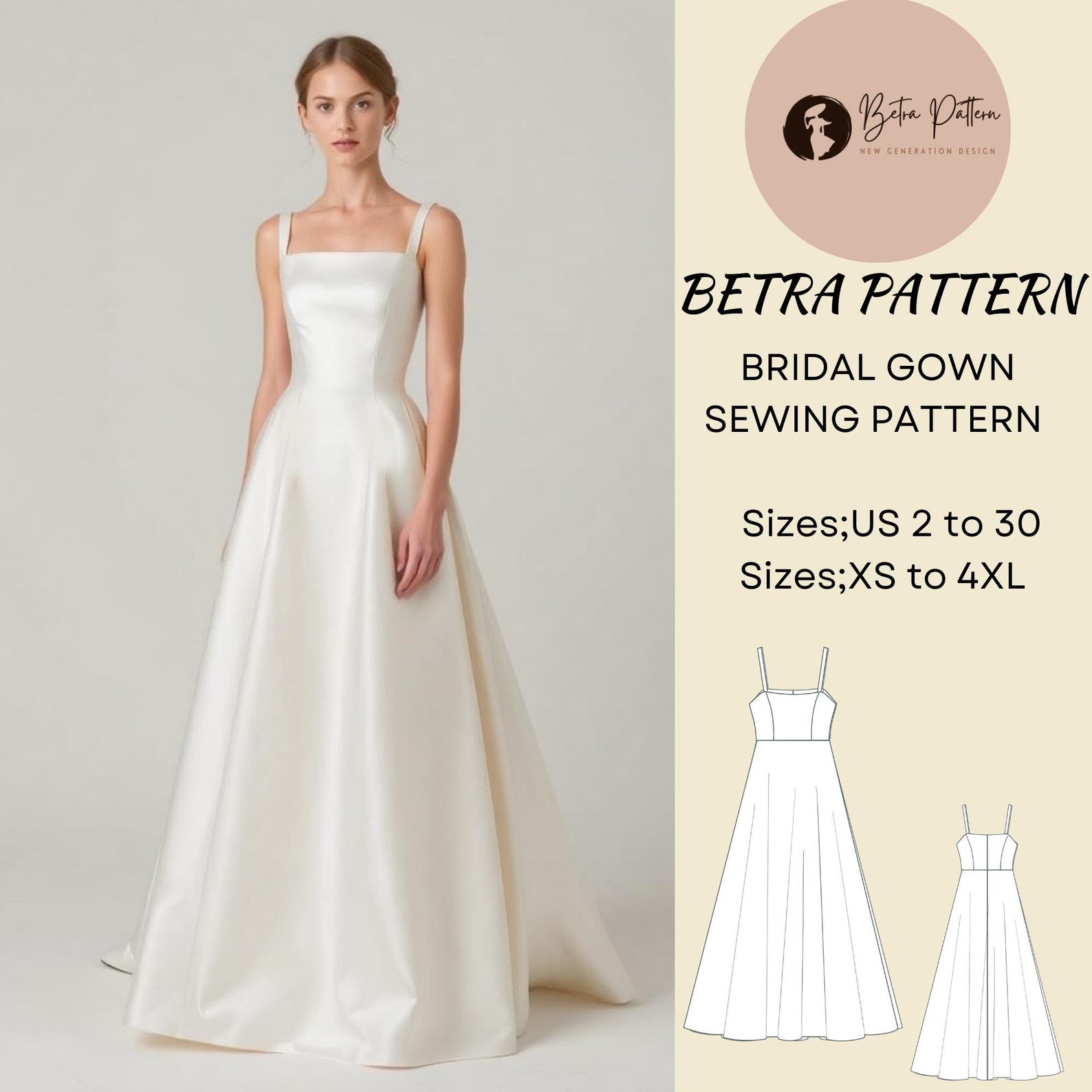15+ Simple Gown Pattern Bridal Gown Sewing Pattern: Satin Wedding Maxi Dress (A4/A0/US Letter