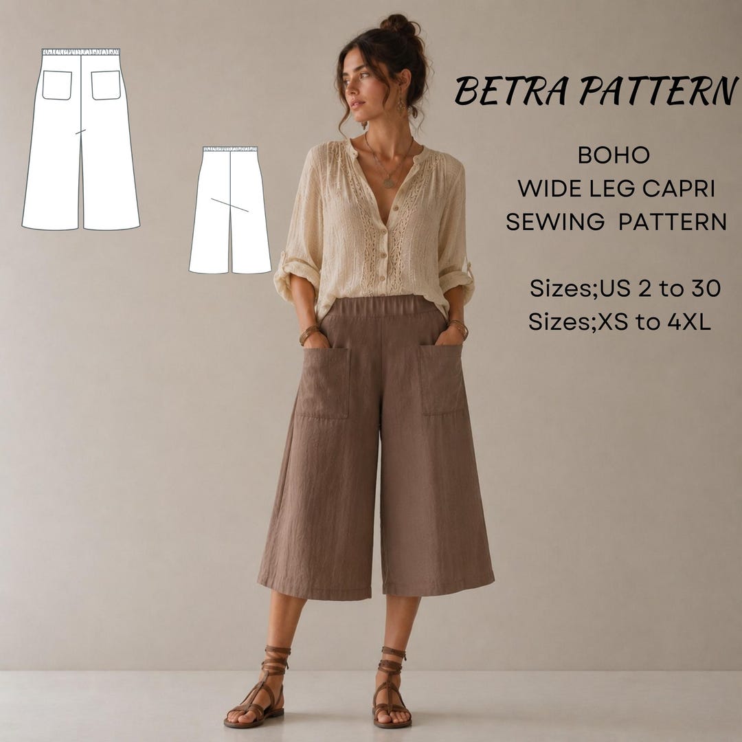Capri Pattern Boho Wide Leg Capri Sewing Pattern: Elastic Waist Style XS-4XL (PDF ...