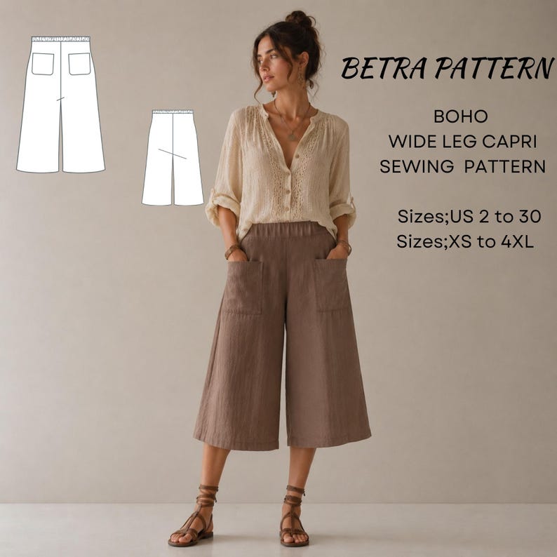 Boho Wide Leg Capri Sewing Pattern: Elastic Waist Style XS-4XL (PDF ...