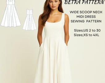 Wide Scoop Neck Midi Dress Sewing Pattern: Elegant Cottagecore Bridal Gown (A0, A4-US Letter)