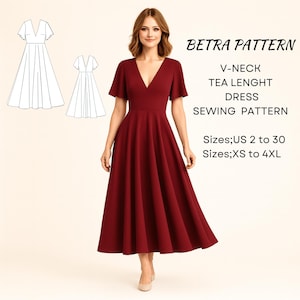May include: A woman in a burgundy V-neck tea-length dress with short sleeves and a full skirt. The image includes a sewing pattern diagram and text: "BETRA PATTERN V-NECK TEA LENGTH DRESS SEWING PATTERN". Sizes US 2 to 30 and XS to 4XL.