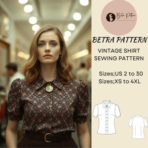 Patrón de costura de blusa vintage de manga corta abullonada, camisa medieval, blusa abotonada, camisa entallada, camisa de verano, tallas 2 a 30, XS-4XL, tamaño A4-carta de EE. UU., A0