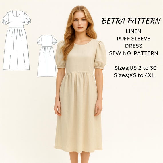 Puff Sleeve Linen Midi Dress Sewing Pattern, Cottagecore (PDF Pattern) -  Etsy
