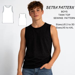 Op de afbeelding: Een zwart tanktop. De afbeelding toont ook een lijntekening van een tanktop en de tekst "BETRA PATTERN BOYS TANK TOP SEWING PATTERN Maten; US 2 tot 30 Maten; XS tot 4XL."