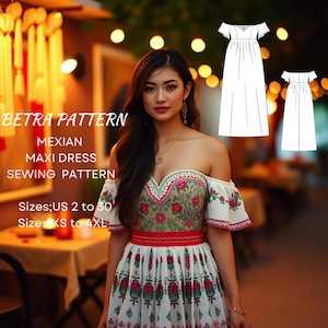 Patrón de costura de vestido largo estilo mexicano, vestido de Frida Kahlo, vestido fruncido con hombros descubiertos, vestido con cuello de corazón, talla A0, A4-carta de EE. UU., EE. UU.; 2 a 30, XS-4XL