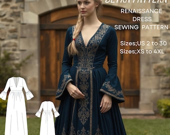 Renaissance Dress Sewing Pattern: Medieval, Victorian, Regency Gown (A0, A4-US Letter) (Digital Download)