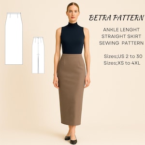 Può includere: Una donna indossa un top senza maniche blu navy e una gonna dritta marrone alla caviglia. L'immagine include un diagramma del modello di cucito e il testo "BETRA PATTERN, ANKLE LENGTH STRAIGHT SKIRT SEWING PATTERN, Taglie: US 2 a 30, Taglie: XS a 4XL."