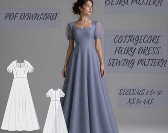 Fairy Cottagecore Dress Sewing Pattern – Vintage Renaissance Maxi Gown – PDF A0/A4 US 2-30