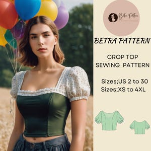 Padrão de costura de top curto vintage, padrão de blusa curta cottagecore com manga bufante, padrão de costura de top curto de manga curta XS-4XL, A4-US Letter, A0