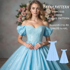 Patrón de costura de vestido largo de princesa, vestido de Cenicienta, vestido de hada, vestido de novia, vestido de fiesta de Elsa, vestido Cottagecore, A0, A4-US Letter, 2-30, XS-4XL
