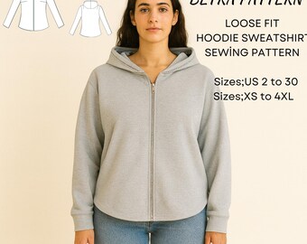 Loose Fit Hoodie Sweatshirt Sewing Pattern:  Long Sleeve (PDF Pattern)