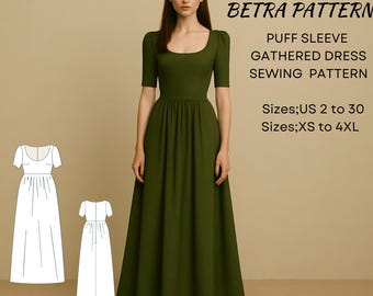 May include: An olive green puff sleeve gathered dress. The dress has a scoop neckline and a fitted bodice that flows into a full skirt. The image also includes a sewing pattern with the text "BETRA PATTERN" and size information.