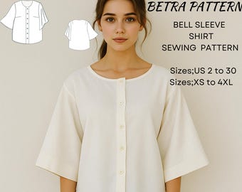 Mönster för linneskjorta med klockärm: Blus med lös passform (A4/US Letter) (XS-4XL)