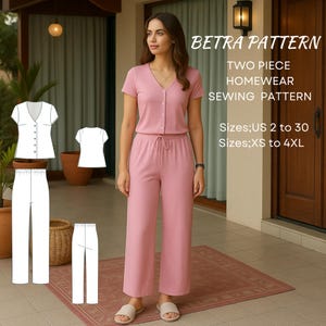 May include: A woman wearing a pink two-piece homewear set. The set includes a short-sleeved button-down top and wide-leg pants. The image also shows sewing pattern diagrams. Text on the image reads "BETRA PATTERN TWO PIECE HOMEWEAR SEWING PATTERN".