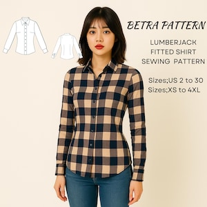 Patrón de costura para camisa entallada estilo leñador: franela a cuadros con botones (PDF, A0/A4, talla US 2-30)