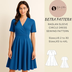 Peut inclure: Une robe cercle à manches raglan de couleur bleu sarcelle. La robe a un col en V et des manches courtes. L'image comprend le texte "BETRA PATTERN" et "RAGLAN SLEEVE CIRCLE DRESS SEWING PATTERN". Tailles disponibles : US 2 à 30 et XS à 4XL.