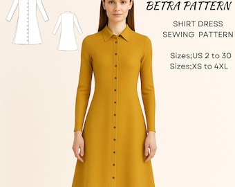 Fitted Shirt Dress Sewing Pattern: Long Sleeve Collared Design (PDF Pattern,  XS-4XL) - Etsy