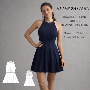 May include: A navy blue backless mini dress with a halter neckline. The dress is shown on a model and is a sewing pattern. The text on the image reads "BETRA PATTERN" and "Sizes; US 2 to 30 Sizes; XS to 4XL".