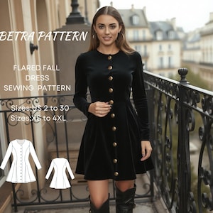 Padrão de vestido de outono evasê, vestido de coquetel, vestido preto, vestido de noite, vestido de manga comprida, vestido de botões, vestido vintage, A0, A4-US Letter, 2-30, XS-4XL
