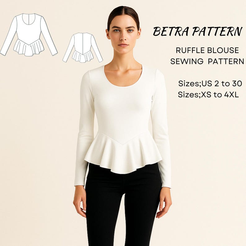 Ruffle Blouse Sewing Pattern –scoop Neck Long Sleeve Style – PDF A0/A4 ...