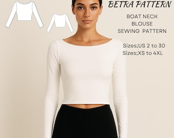 May include: A woman models a long-sleeved, cream-coloured boat neck blouse with black trousers. The image includes a sewing pattern diagram and text: "BETRA PATTERN BOAT NECK BLOUSE SEWING PATTERN" and size details.