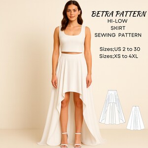 Puede incluir: Una mujer modela una falda hi-low y un top corto blancos. La imagen incluye el texto "BETRA PATTERN HI-LOW SKIRT SEWING PATTERN" e información de tallas: US 2 a 30 y XS a 4XL. También se muestran dos ilustraciones de patrones de falda.
