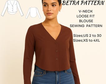 Patrón de costura para blusa holgada con cuello en V: Camisa abotonada (Descarga en PDF, tallas XS-4XL)