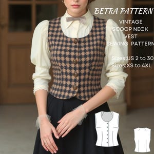 Patrón de costura de chaleco de cuello redondo vintage, chaleco a cuadros, chaqueta tipo chaleco, patrón de chaleco para mujer, patrón de chaleco abotonado, tamaño A4-US, A0,2-30, XS-4XL