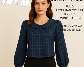 Patrón de costura para blusa a cuadros con cuello Peter Pan, mangas abullonadas, corte alto-bajo (PDF A0/A4)