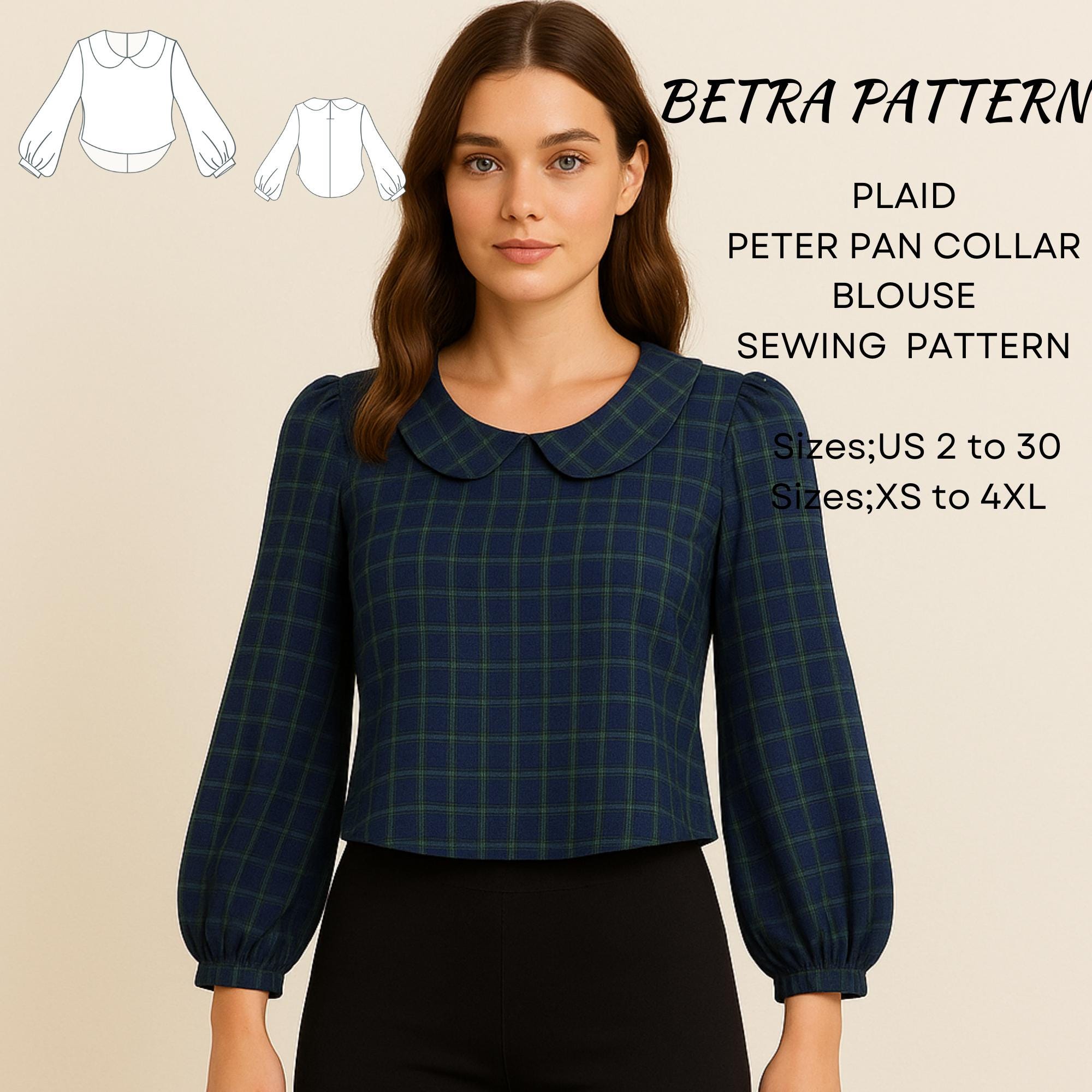 Plaid Peter Pan Collar Blouse Sewing Pattern – Puff Sleeve, Hi-low (PDF ...