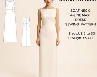 Satin Maxi Dress Sewing Pattern: Boat Neck A-Line Gown (PDF Pattern)