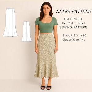 May include: A woman wearing a green crop top and a floral print trumpet skirt. The image includes a sewing pattern with the text "BETRA PATTERN TEA LENGHT TRUMPET SKIRT SEWING PATTERN" and size options "US 2 to 30" and "XS to 4XL".