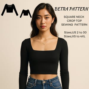 Square Neck Crop Top Sewing Pattern – Long Sleeve Blouse – PDF A0/A4 US 2-30