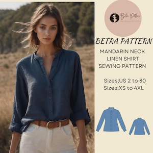 Patrón de costura de camisa de lino con cuello mandarín, patrón de camisa holgada, blusa abotonada, blusa de lino, XS-4XL, tamaño A4-carta estadounidense, A0