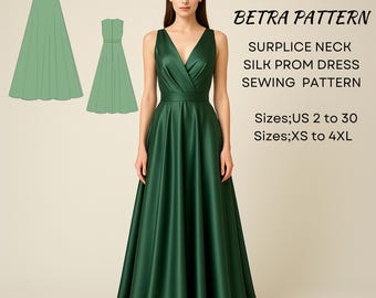 Satin Prom Dress Sewing Pattern: Surplice Maxi Ball Gown (Digital Download)