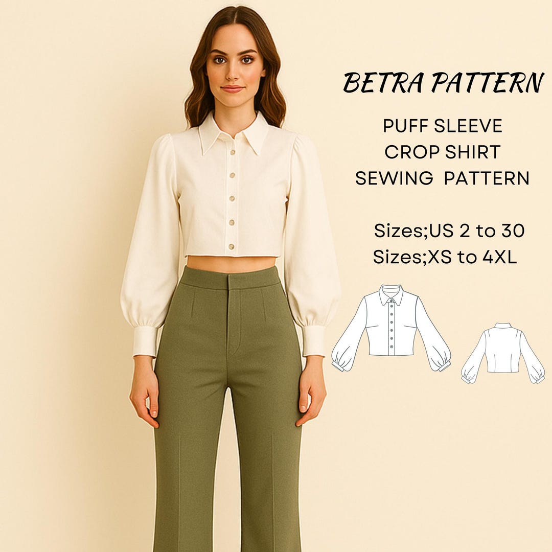 Puff Sleeve Crop Shirt Sewing Pattern: Buttondown Blouse (PDF Download ...