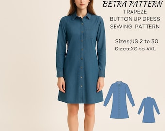 Fitted Shirt Dress Sewing Pattern: Long Sleeve Collared Design (PDF Pattern,  XS-4XL) - Etsy