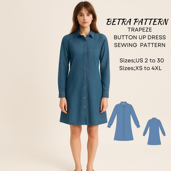 Vintage Denim Shirt Dress Sewing Pattern: Trapeze Style (A0, A4-US Letter, XS-4XL) (PDF Pattern) - Etsy Vintage Denim Shirt Dress Sewing Pattern: Trapeze Style (A0, A4-US Letter, XS-4XL) (PDF Pattern) - Etsy