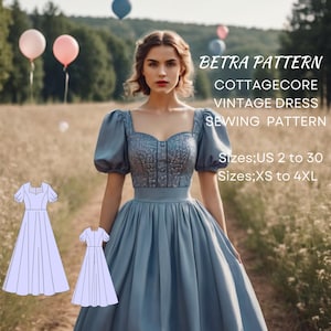 Patrón de vestido Fairy Cottagecore, vestido renacentista, vestido maxi, vestido de fiesta, vestido vintage, carta A0, A4-US, tallas; EE.UU. 2 a 30, XS-4XL