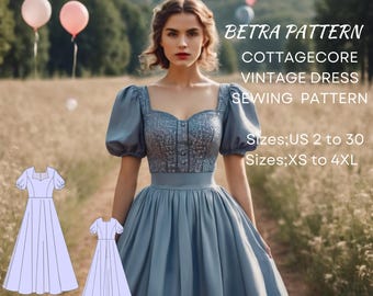 Fairy Cottagecore Dress Sewing Pattern – Vintage Renaissance Maxi Gown – PDF A0/A4 US 2-30