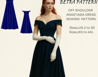 Off Shoulder Anastasia Dress Sewing Pattern: Maxi Ball Gown (A0, A4-US Letter) (Digital Download)