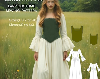 Larp Costume Sewing Pattern: Medieval Dress & Corset (Sizes XS-4XL) (PDF Pattern)