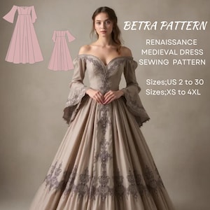 Patrón de costura para vestido renacentista: Vestido de fiesta con hombros descubiertos, largo - PDF A0/A4 (talla 2-30)