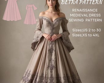 Renaissance Dress Sewing Pattern – Off Shoulder Ball Gown – Maxi - PDF A0/A4 US 2-30