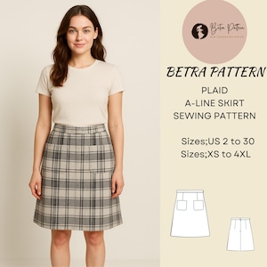Puede incluir: Patrón de costura de falda a cuadros con forma de A de Betra Pattern. La falda presenta un diseño a cuadros grises y blancos con dos bolsillos delanteros. El patrón incluye tallas US 2 a 30 y XS a 4XL.