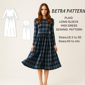Plaid Long Sleeve Midi Dress Sewing Pattern: Cottagecore Gathered (A4/US Letter) (Digital Download)