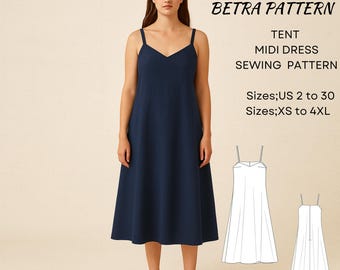 Tent Midi Dress Sewing Pattern – Midi Pinafore Style  – PDF A0/A4 US 2-30