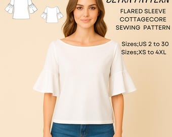 Ruffle Sleeve Blouse Sewing Pattern –Boat Neck Style – PDF A0/A4 US 2-30