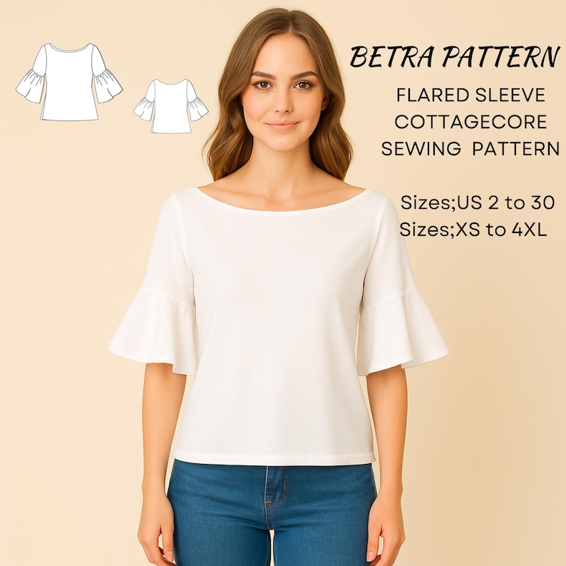 Ruffle Sleeve Blouse Sewing Pattern –boat Neck Style – PDF A0/A4 US 2 ...