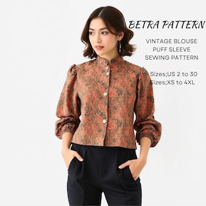 以下が含まれることがあります： パフスリーブのヴィンテージブラウスの縫製パターン。パターンには、USサイズ2〜30とXS〜4XLが含まれています。パターンは、花柄のブラウス用です。